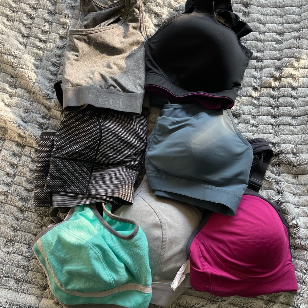 Lot of 7 sports bras sz large/38d/dd UNDER ARMOUR REEBOK CHAMPION SPALDING ETC